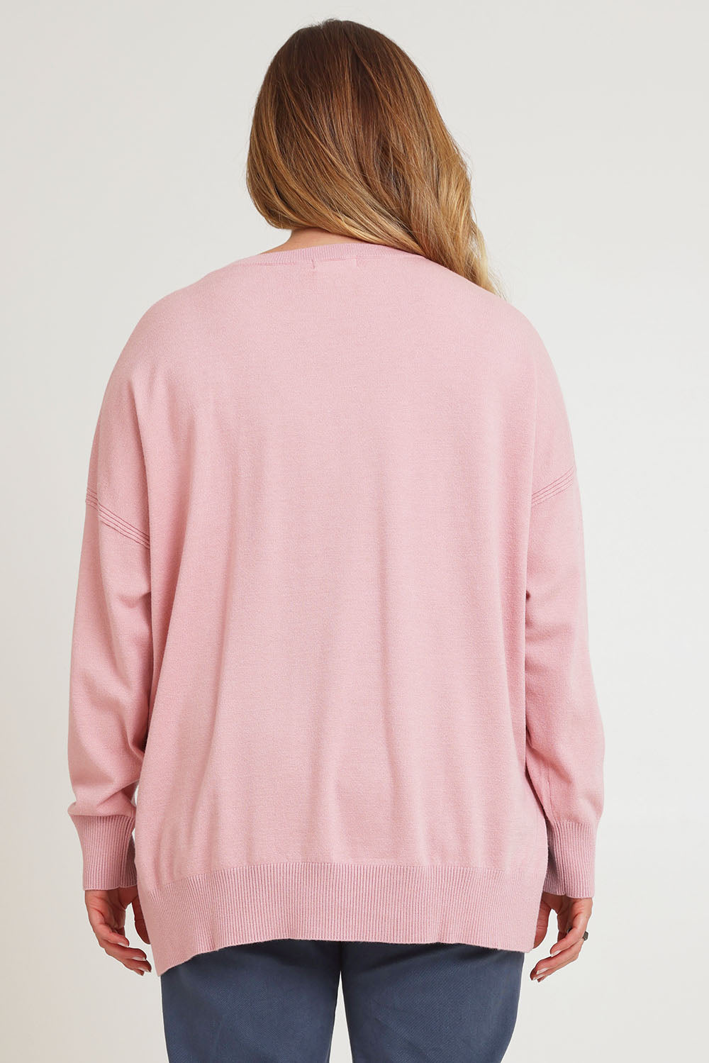 Model Chanel wearing size XL of The Modal Blend Crew Neck Jumper in colour Rosepink (Pink), from the back