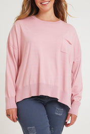 Model Chanel wearing size XL of The Modal Blend Crew Neck Jumper in colour Rosepink (Pink), from the front, cropped image