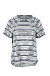 Product shot of The Striped Raglan Sleeve Tee in colour Navystripe (Blue), from the front