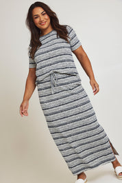 Model Ashleigh wearing size 16 of The Striped Pull On Skirt in colour Navystripe (Blue), from the front, showing the whole outfit