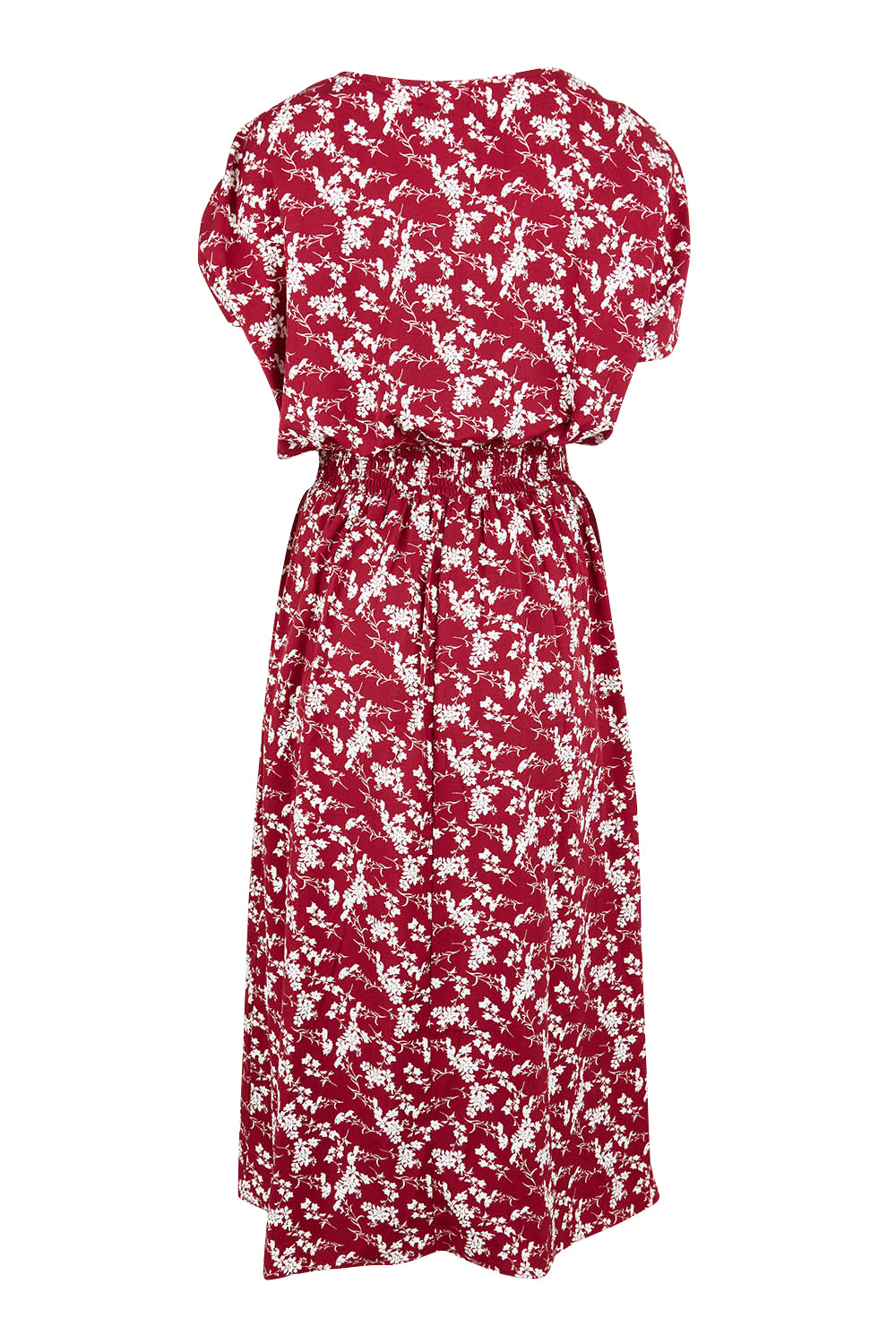 Product shot of The Shirred Waist Printed Dress in colour Raspberry (Red), from the back