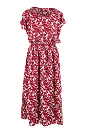 Product shot of The Shirred Waist Printed Dress in colour Raspberry (Red), from the front