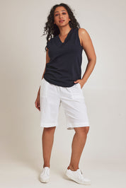 Model Terri-Leigh wearing size 14 of The Rib Waistband Short in colour White (White), from the front, showing the whole outfit
