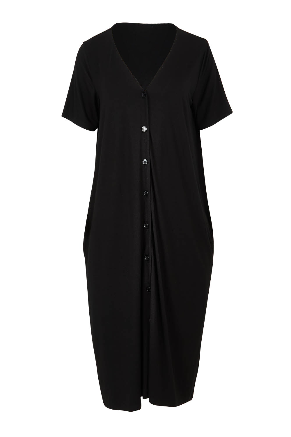 Product shot of The Pack & Go Luxe Bamboo Button Up Dress with Pockets in colour Black (Black), from the front