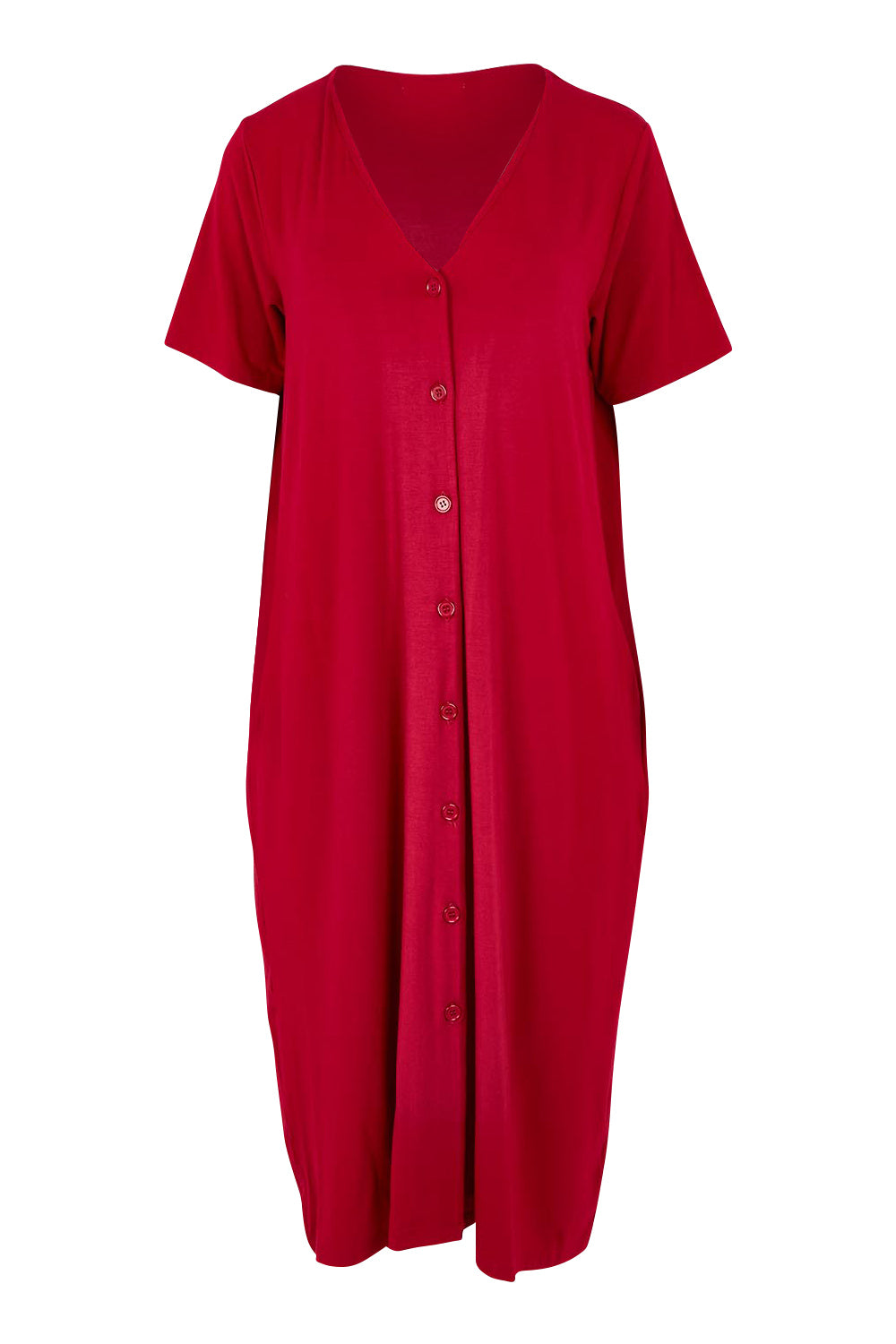 Product shot of The Pack & Go Luxe Bamboo Button Up Dress with Pockets in colour Cherryred (Red), from the front