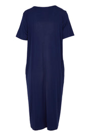 Product shot of The Pack & Go Luxe Bamboo Button Up Dress with Pockets in colour Frenchnavy (Blue), from the back