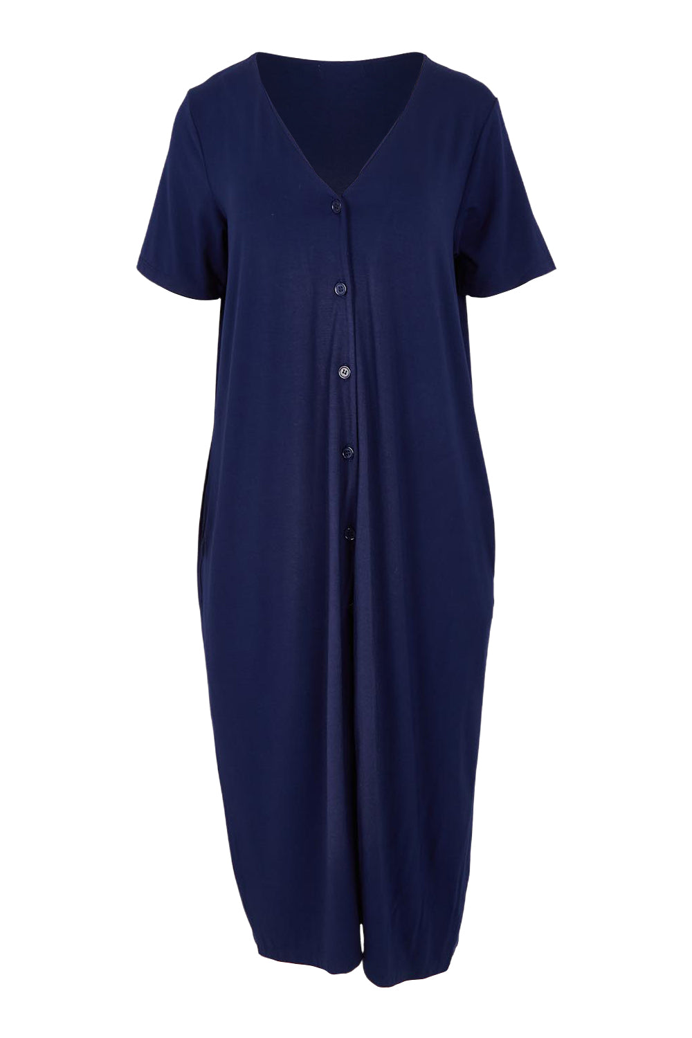 Product shot of The Pack &amp; Go Luxe Bamboo Button Up Dress with Pockets in colour Frenchnavy (Blue), from the front