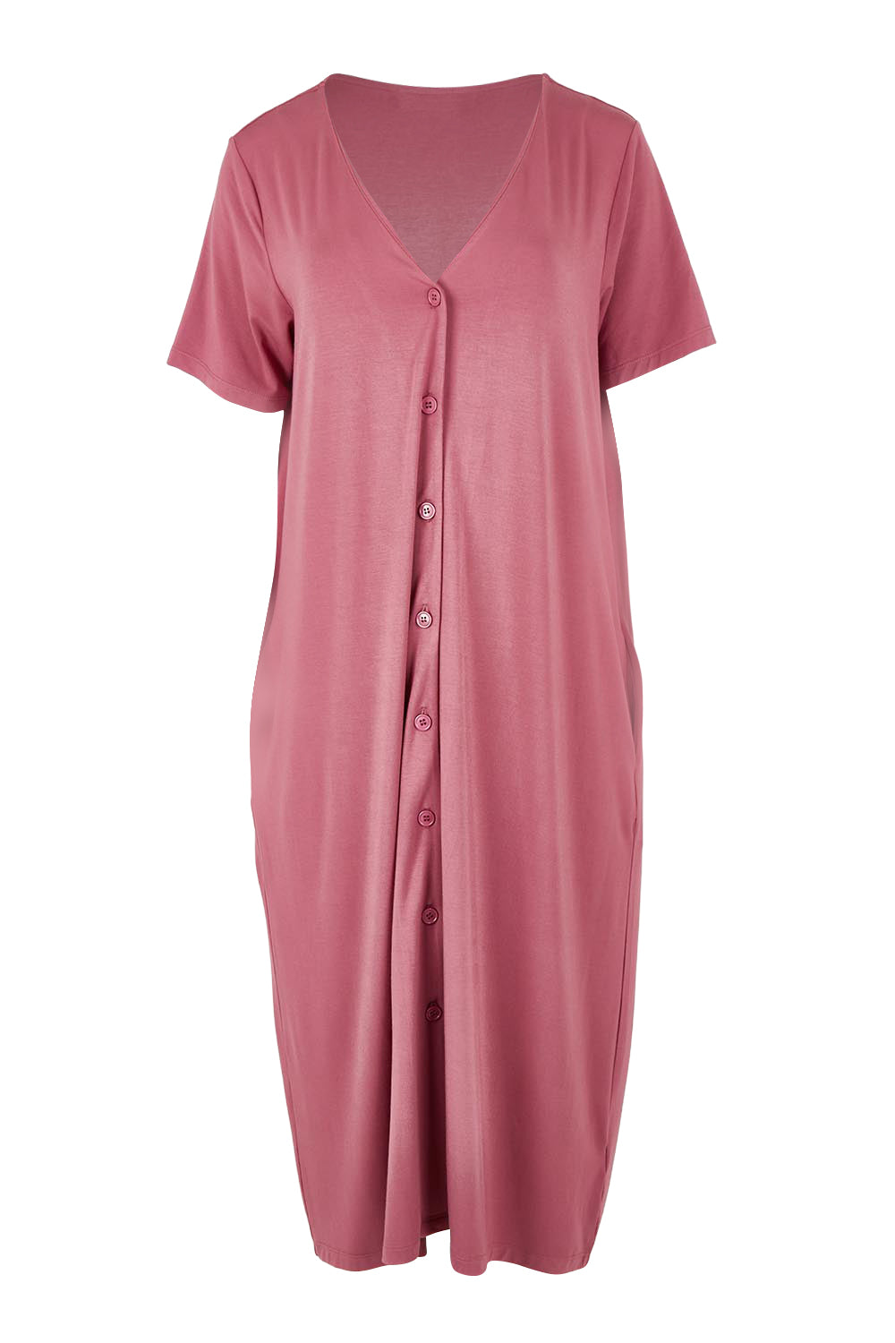 Product shot of The Pack &amp; Go Luxe Bamboo Button Up Dress with Pockets in colour Smokeyrose (Pink), from the front