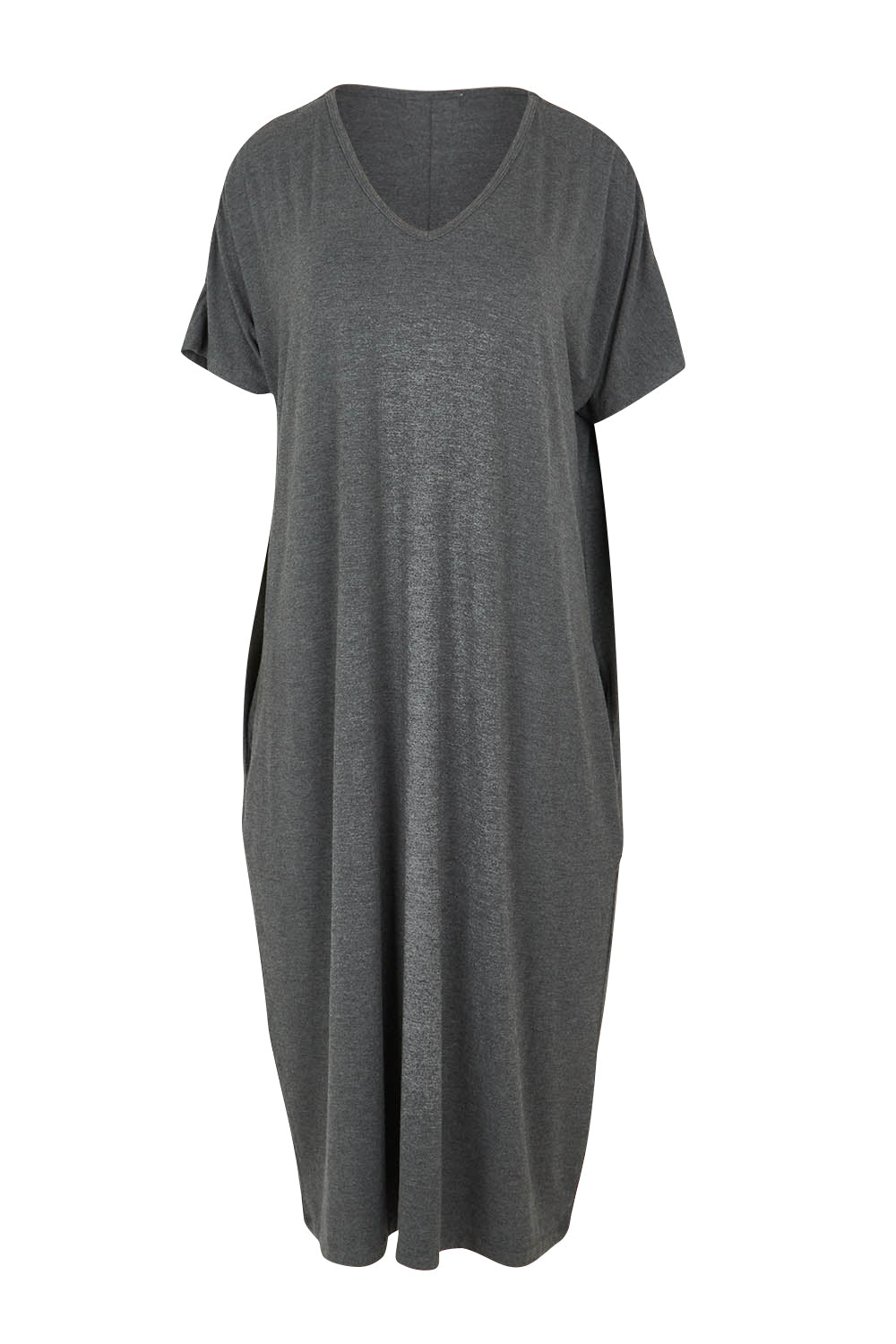 Product shot of The Pack & Go Luxe Bamboo Pull On Dress with Pockets in colour Charcoal (Grey), from the front