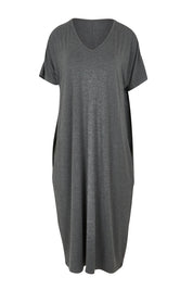 Product shot of The Pack & Go Luxe Bamboo Pull On Dress with Pockets in colour Charcoal (Grey), from the front