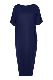 Product shot of The Pack & Go Luxe Bamboo Pull On Dress with Pockets in colour Frenchnavy (Blue), from the back