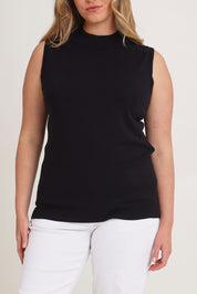 Model Chanel wearing size XL of The Modal Blend Mockturtle Vest in colour Black (Black), from the front, cropped image