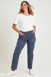 Model Chanel wearing size 16 of The Distressed Coloured Jean in colour Bluesteel (Blue), from the front, showing the whole outfit