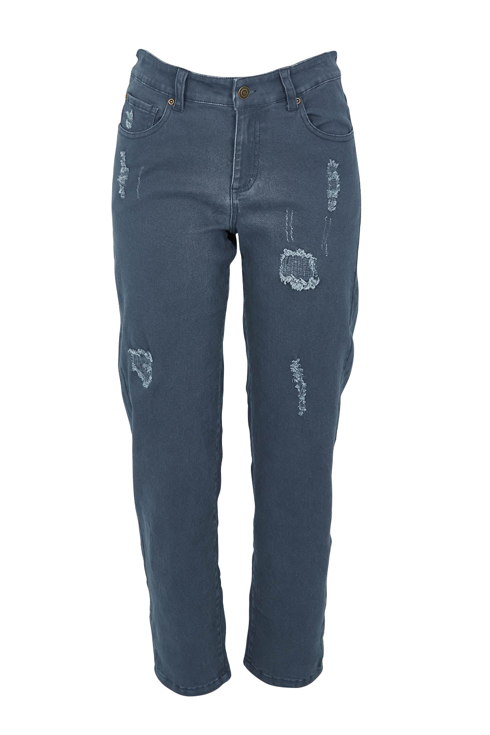 Product shot of The Distressed Coloured Jean in colour Bluesteel (Blue), from the front