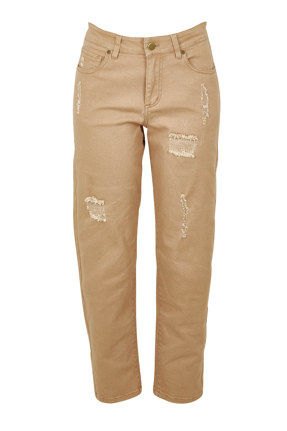Product shot of The Distressed Coloured Jean in colour Sand, from the front