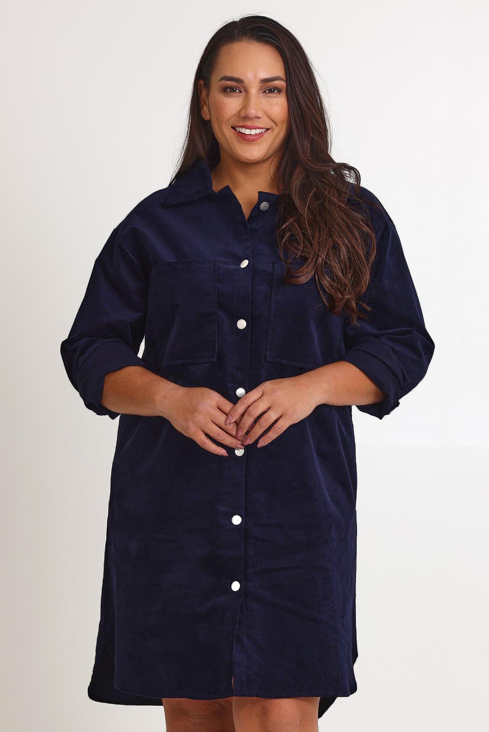Model Ashleighf wearing size 16 of the The Cord Shacket Dress With Pockets – Darknavy in colour Darknavy, in a cropped view