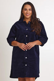 Model Ashleighf wearing size 16 of the The Cord Shacket Dress With Pockets – Darknavy in colour Darknavy, in a cropped view