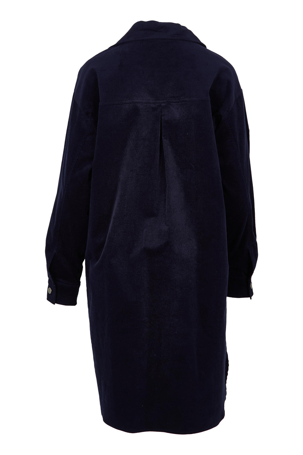 Product shot of The Cord Shacket Dress With Pockets in colour Darknavy (Blue), from the back