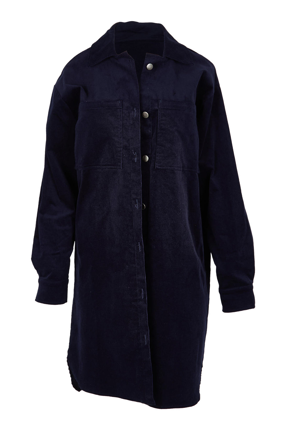 Product shot of The Cord Shacket Dress With Pockets in colour Darknavy (Blue), from the front