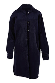 Product shot of The Cord Shacket Dress With Pockets in colour Darknavy (Blue), from the front