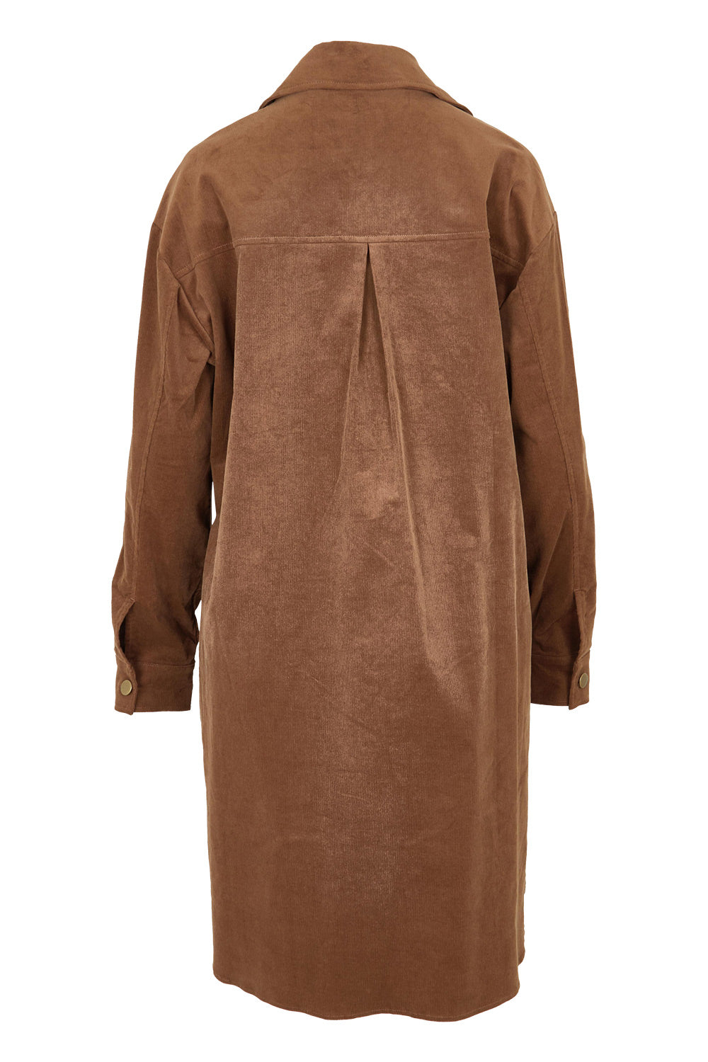 Product shot of The Cord Shacket Dress With Pockets in colour Mushroom, from the back