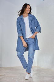 Model Amandam wearing size 10 of the The Printed Denim Shacket Dress With Pockets - Denimspot in colour Denimspot, from the front