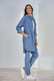 Model Amandam wearing size 10 of the The Printed Denim Shacket Dress With Pockets - Denimspot in colour Denimspot, from the front