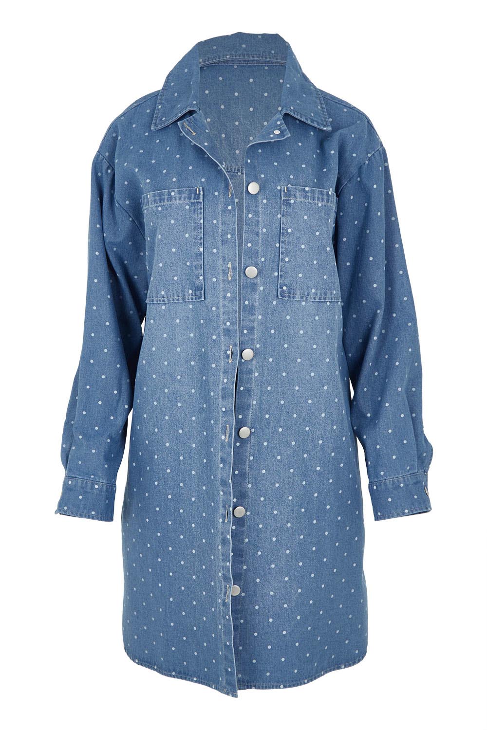 Product shot of the The Printed Denim Shacket Dress With Pockets - Denimspot in colour Denimspot, from the front