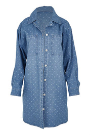 Product shot of the The Printed Denim Shacket Dress With Pockets - Denimspot in colour Denimspot, from the front