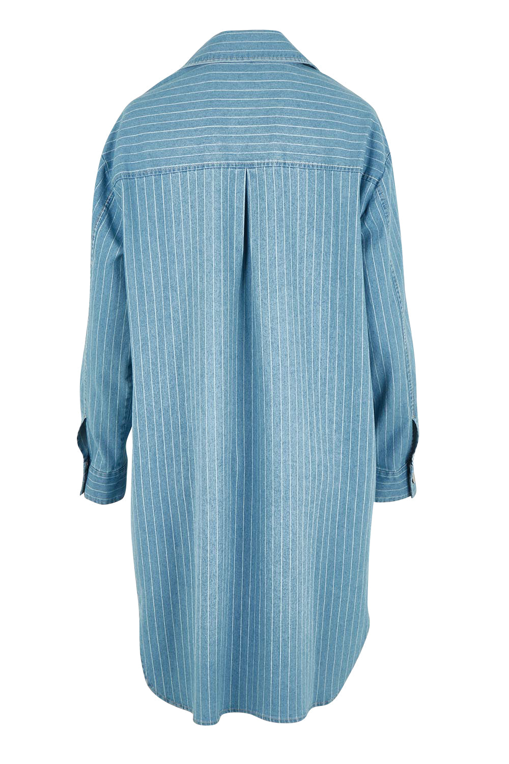 Product shot of The Printed Denim Shacket Dress With Pockets in colour Denimstrip (Blue), from the back
