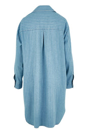 Product shot of The Printed Denim Shacket Dress With Pockets in colour Denimstrip (Blue), from the back