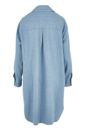 Product shot of the The Printed Denim Shacket Dress With Pockets - Denimstrip in colour Denimstrip, from the back