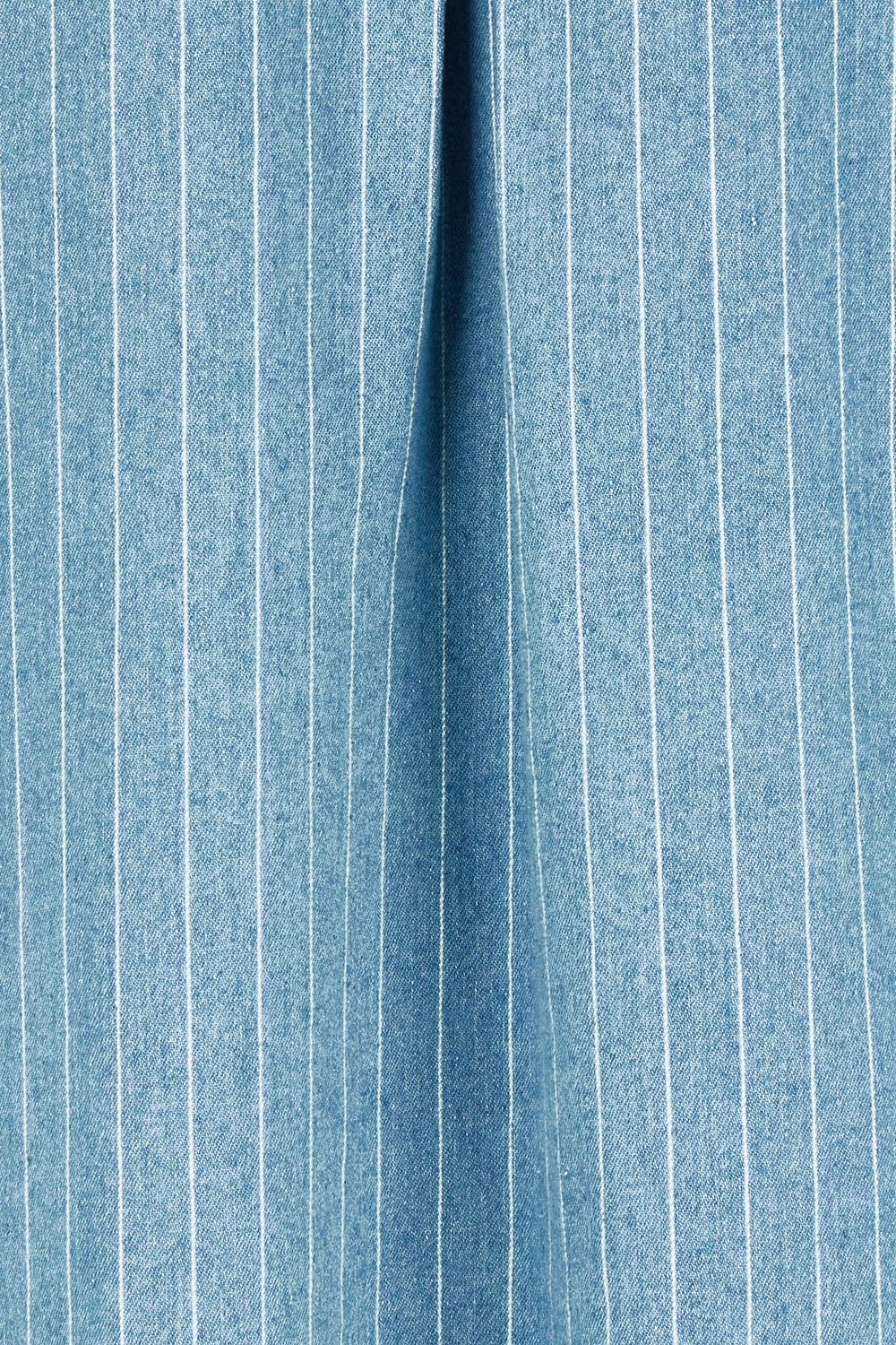 Product shot of The Printed Denim Shacket Dress With Pockets in colour Denimstrip (Blue), detail