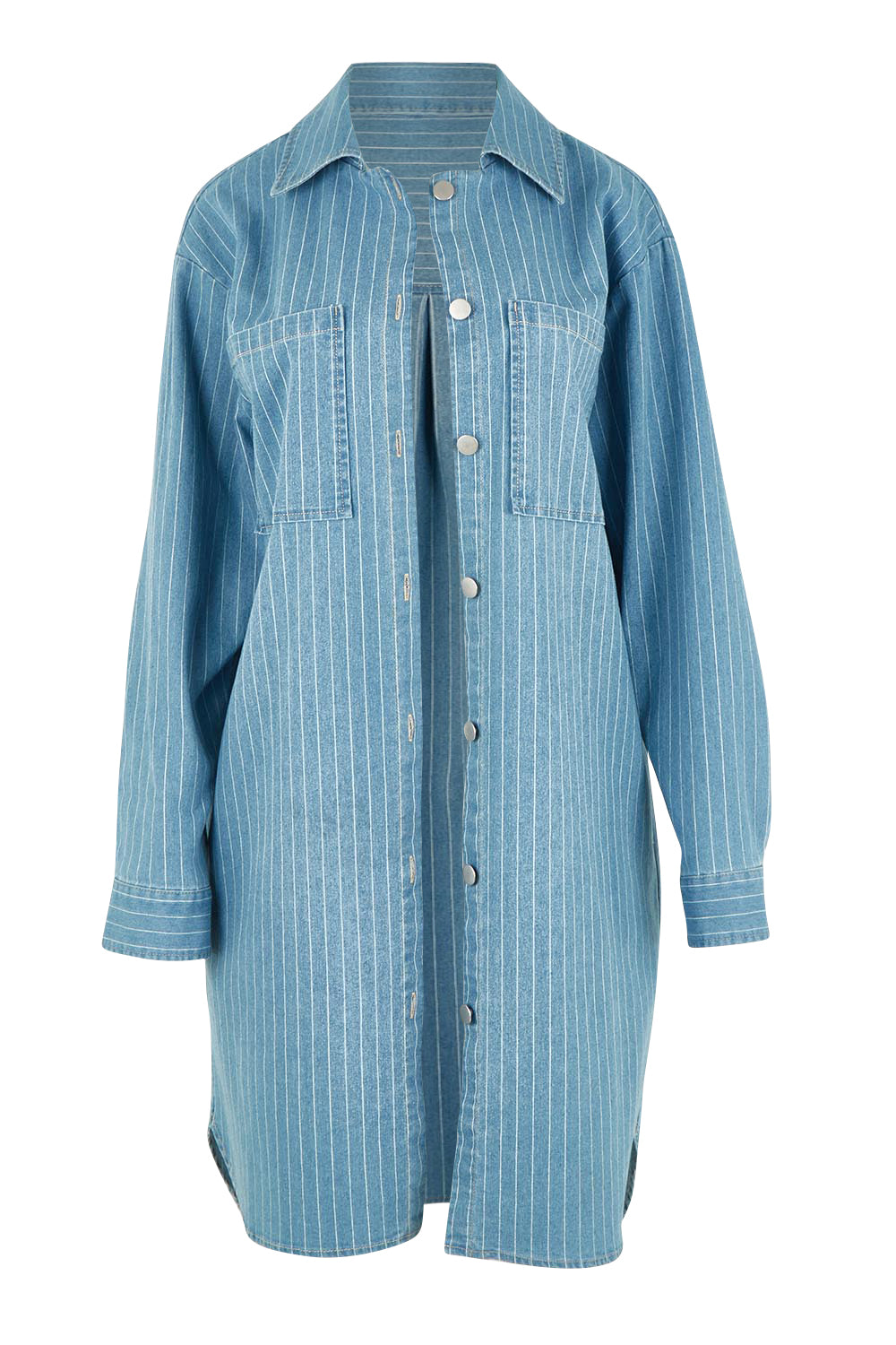 Product shot of The Printed Denim Shacket Dress With Pockets in colour Denimstrip (Blue), from the front