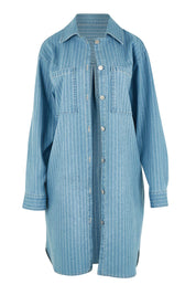 Product shot of The Printed Denim Shacket Dress With Pockets in colour Denimstrip (Blue), from the front
