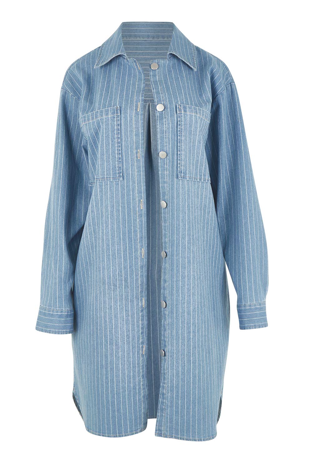 Product shot of the The Printed Denim Shacket Dress With Pockets - Denimstrip in colour Denimstrip, from the front