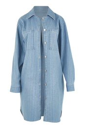 Product shot of the The Printed Denim Shacket Dress With Pockets - Denimstrip in colour Denimstrip, from the front