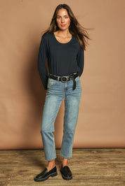 Model Madeline wearing size 10 of The Classic Long Sleeve Tee in colour Darknavy (Blue), from the front, showing the whole outfit