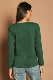 Model Madeline wearing size 10 of The Classic Long Sleeve Tee in colour Pinegreen (Green), from the back