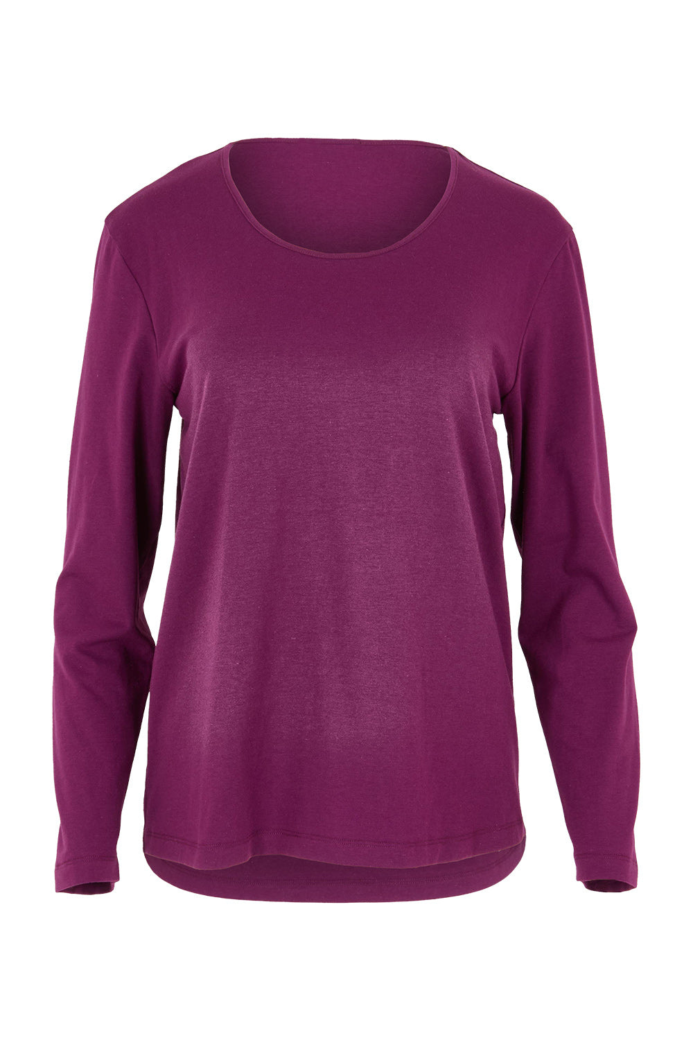 Product shot of The Classic Long Sleeve Tee in colour Plum (Purple), from the front