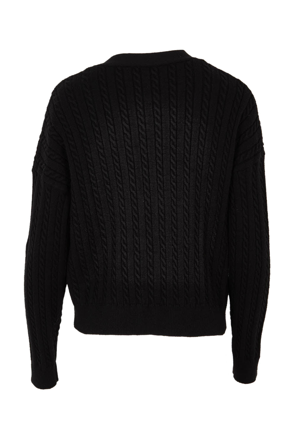 Product shot of The Cable Knit Button Up Cardigan in colour Black (Black), from the back