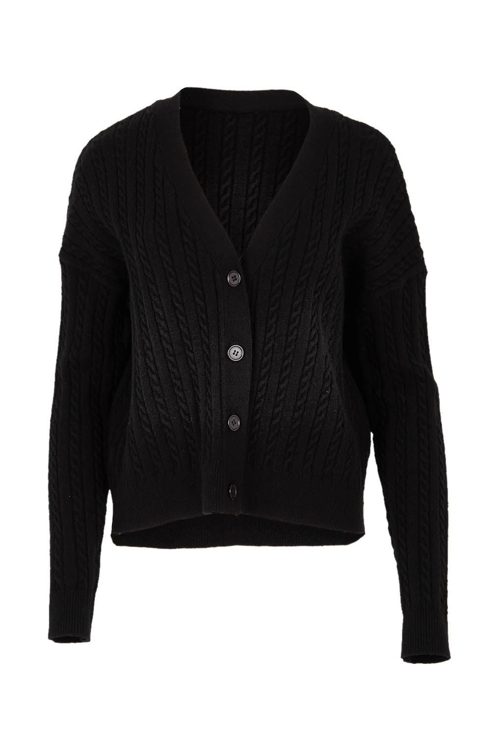 Product shot of The Cable Knit Button Up Cardigan in colour Black (Black), from the front