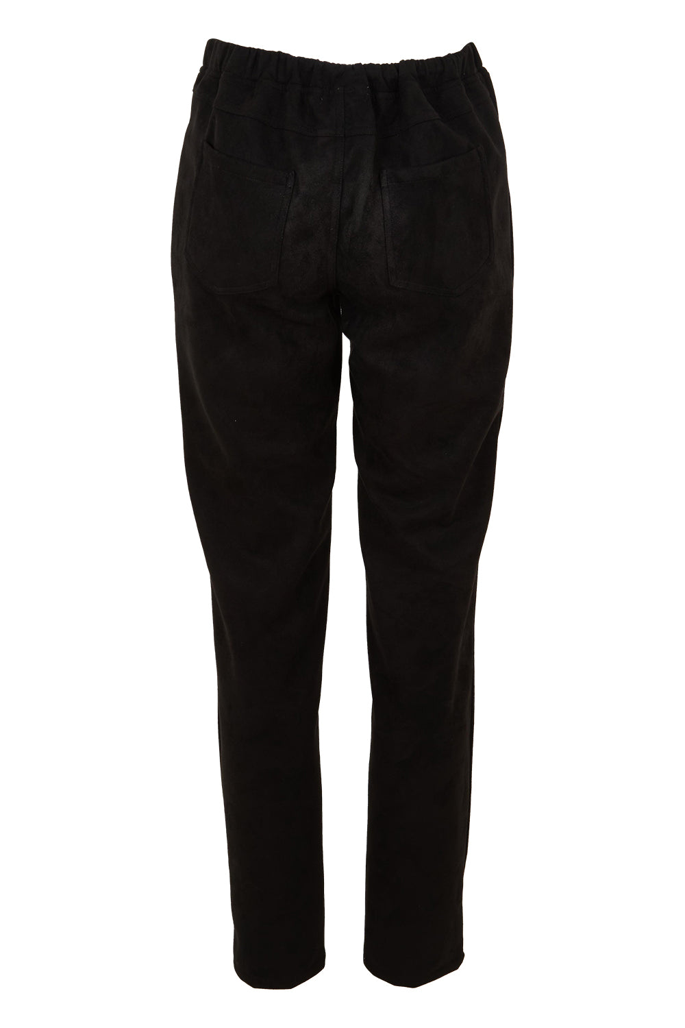 Product shot of The Luxe Faux Suede Pull On Pant in colour Black (Black), from the back