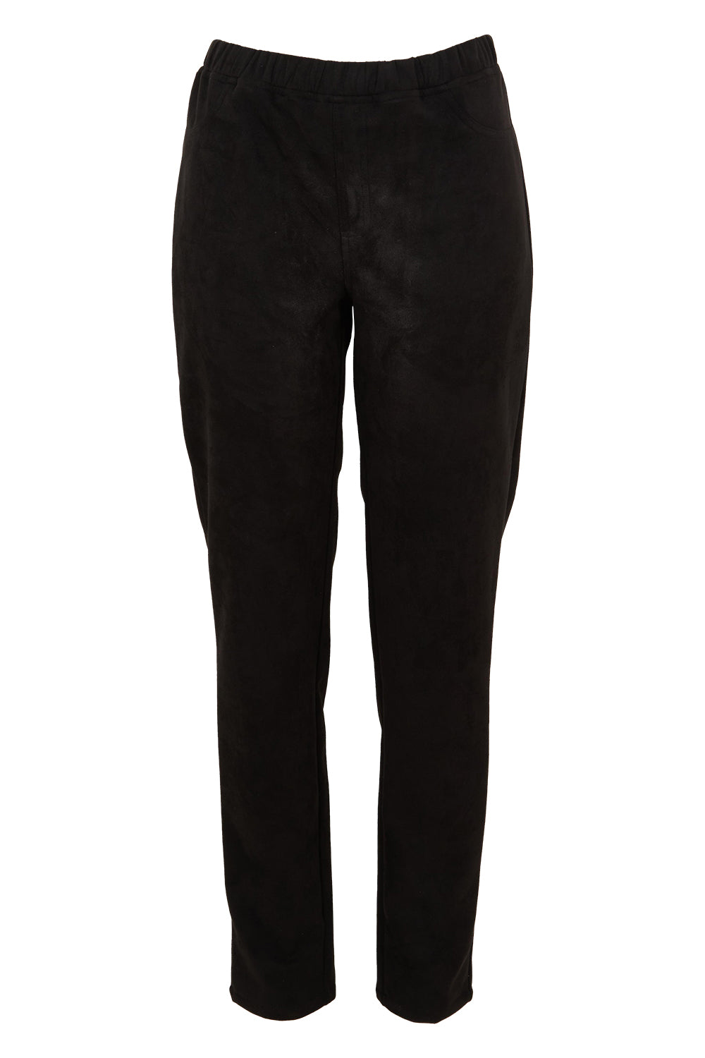 Product shot of The Luxe Faux Suede Pull On Pant in colour Black (Black), from the front