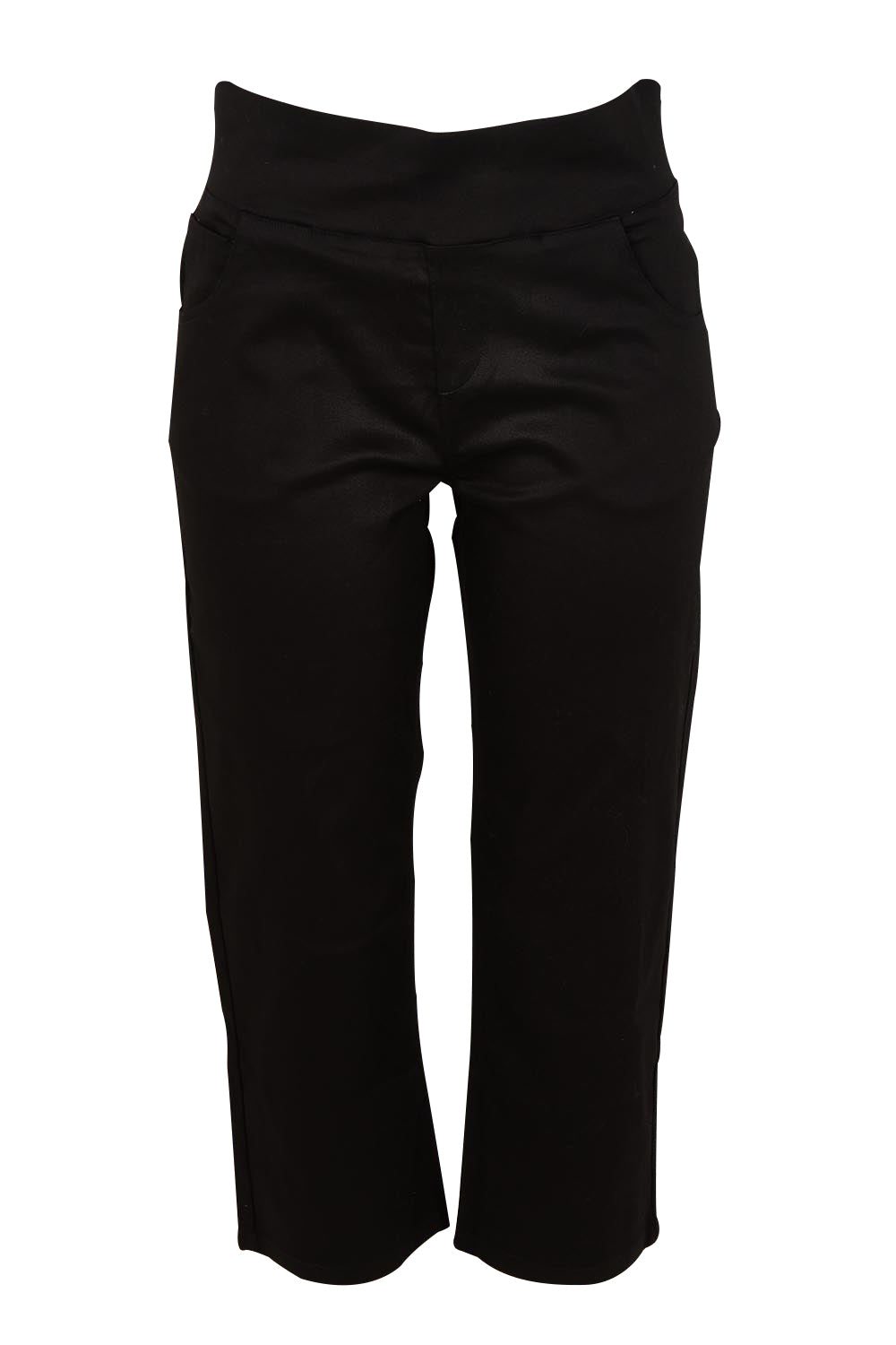 Product shot of The Pull On Cotton Cropped Pant With Pockets in colour Black (Black), from the front