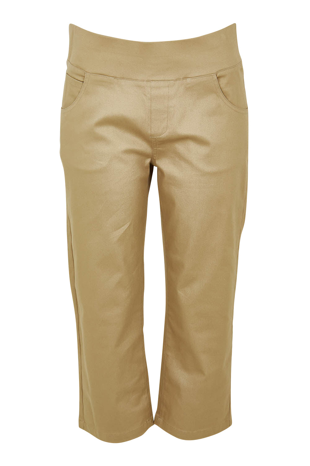 Product shot of The Pull On Cotton Cropped Pant With Pockets in colour Fawn, from the front