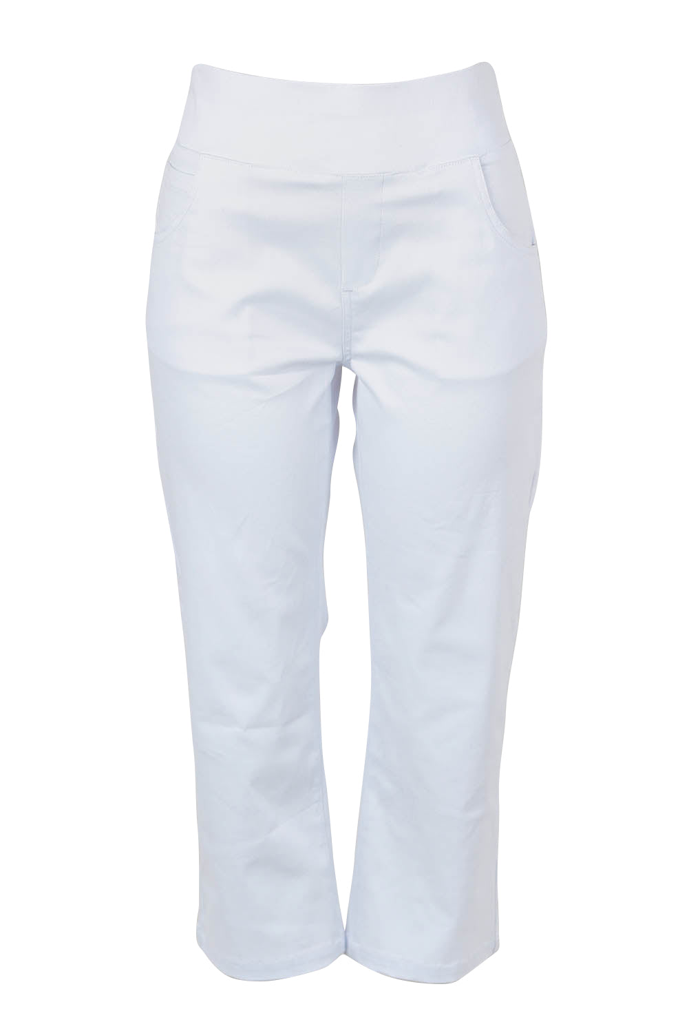 Product shot of The Pull On Cotton Cropped Pant With Pockets in colour White (White), from the front