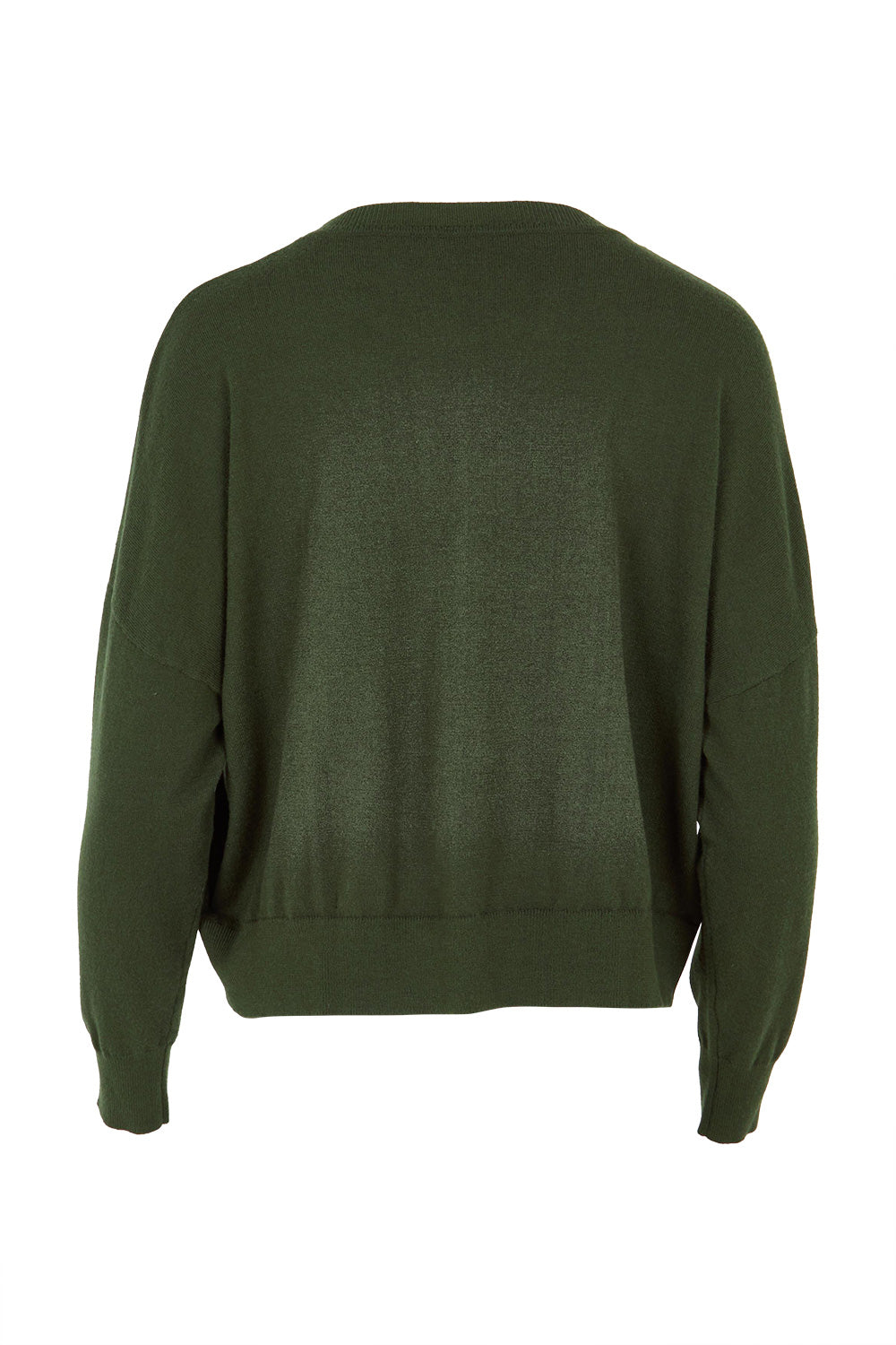 Product shot of The Essential Cropped Modal Blend Jumper in colour Pine (Green), from the back