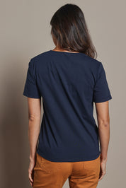 Model Amanda wearing size 10 of The Classic Cotton Blend Short Sleeve Tee in colour Darknavy (Blue), from the back