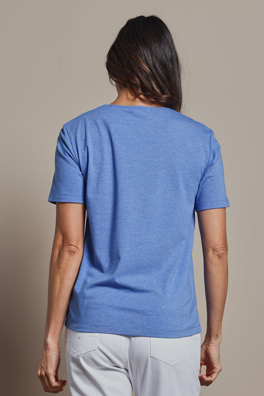 Model Amanda wearing size 10 of The Classic Cotton Blend Short Sleeve Tee in colour Denim (Blue), from the back